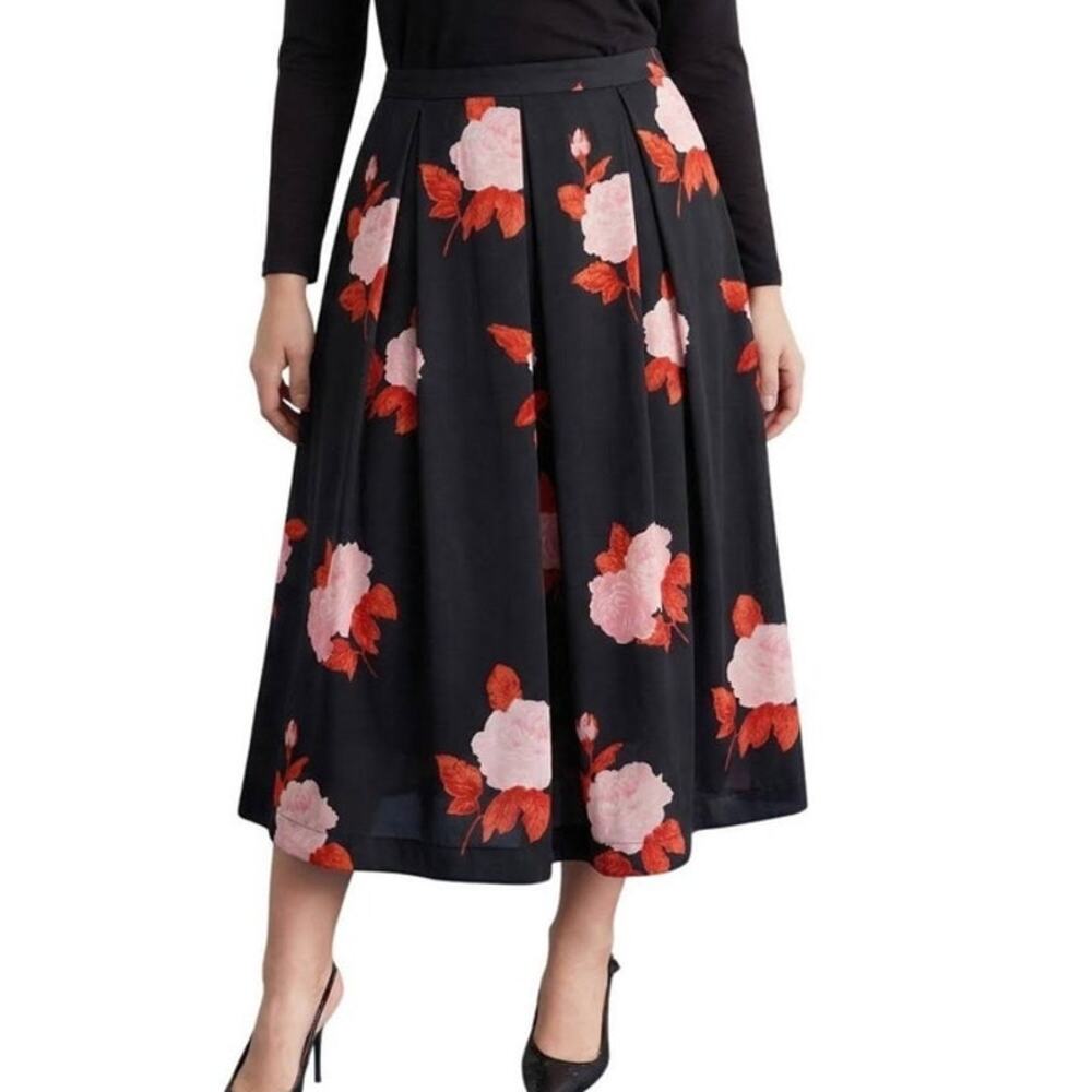 Who What Wear Black Floral Rose Midi Pleated Skirt